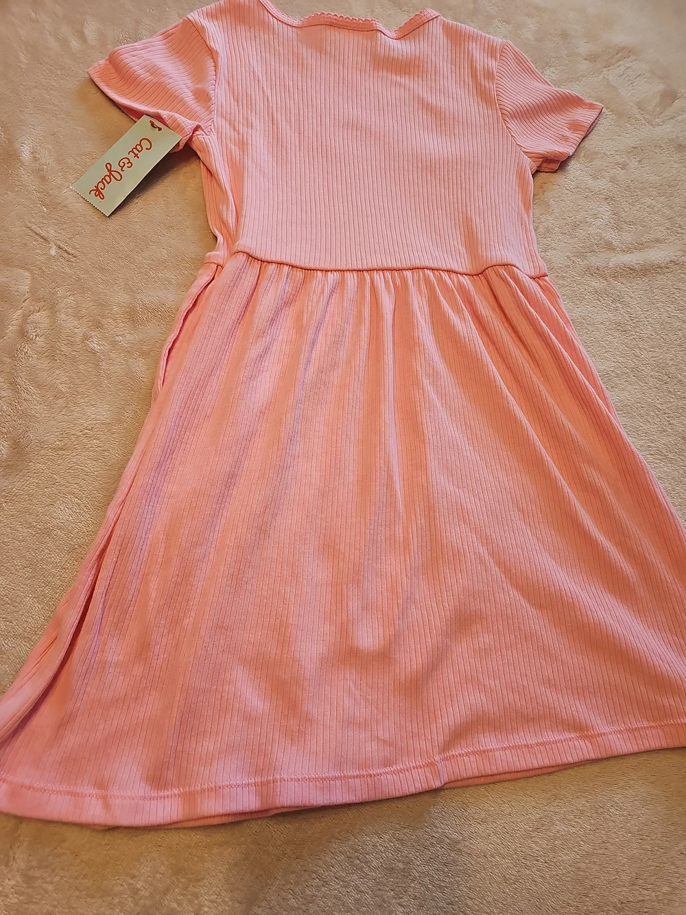 Girls-Pink Ribbed Short-Sleeve Dress